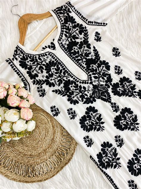 Chikankari Elegance: 3D Work Black Thread Modal Kurti with Premium Mal ...