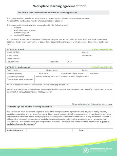 Fillable Online Workplace learning agreement form - Department for ...