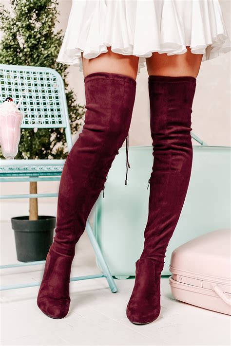 Evalina Faux Suede Thigh High Boots (Burgundy) | Boots, Faux suede ...