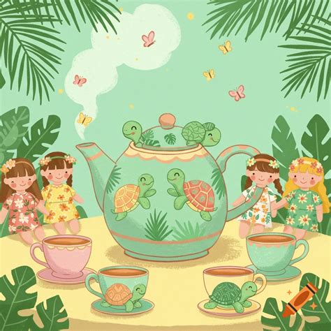 A pastel cartoon illustration of a tropical tea party with four dolls ...