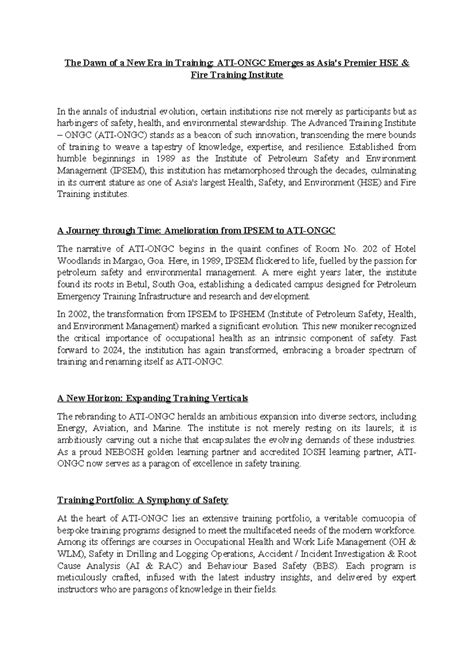 ATI-ONGC Writeup: Asia's Premier HSE & Fire Training Institute - Studocu