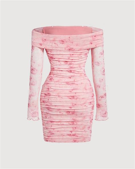 Floral Print Off Shoulder Ruched Mesh Bodycon Dress | Littlebox India