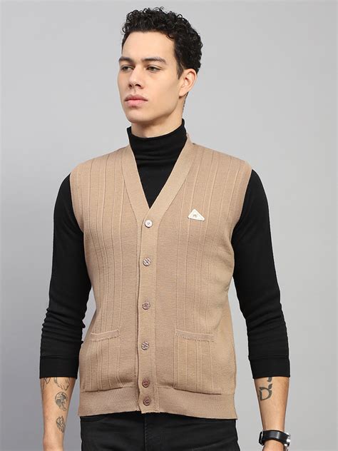 Buy Men Beige Self Design V Neck Sleeveless Cardigan Online in India ...