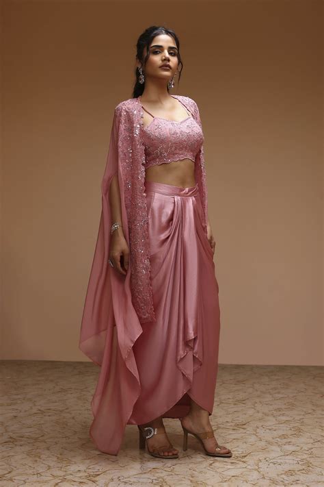 Buy Rose Pink Viscose Organza Fusion Skirt Set Online at Biba India