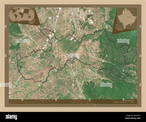 Partesh, municipality of Kosovo. Low resolution satellite map. Locations and names of major ...