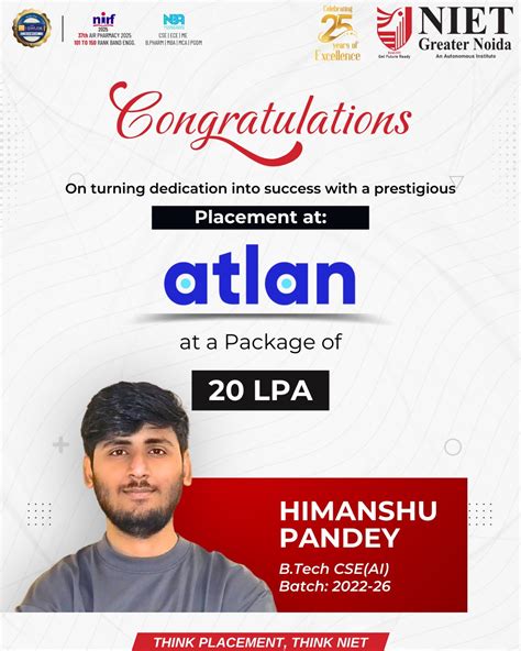 Himanshu Pandey of NIET Batch 2022–26 Secures 20 LPA Placement at Atlan ...