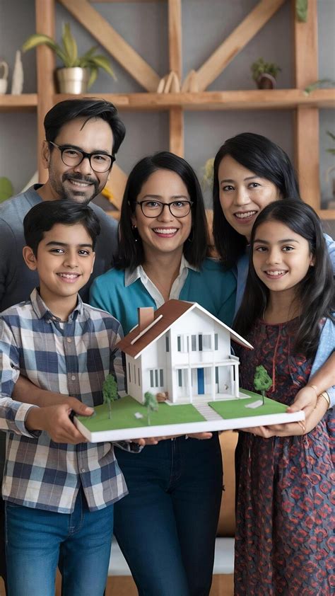 Indian family father mother son and daughter holding 3d paper model of ...