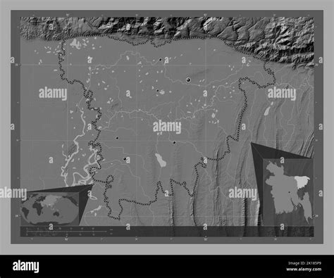 Sylhet, division of Bangladesh. Bilevel elevation map with lakes and rivers. Locations of major ...