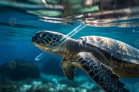 A powerful underwater shot of a plastic straw lodged in the nostril of a sea turtle, serving as ...