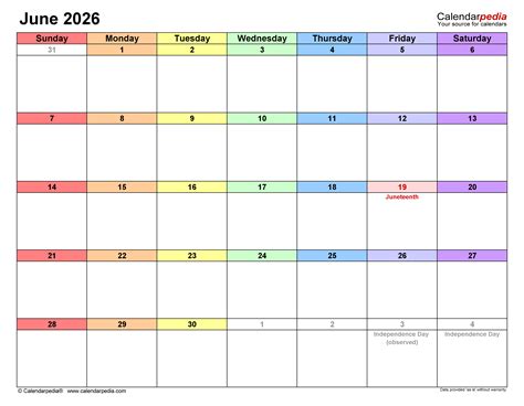 June 2026 Calendar | Templates for PDF, Excel and Word