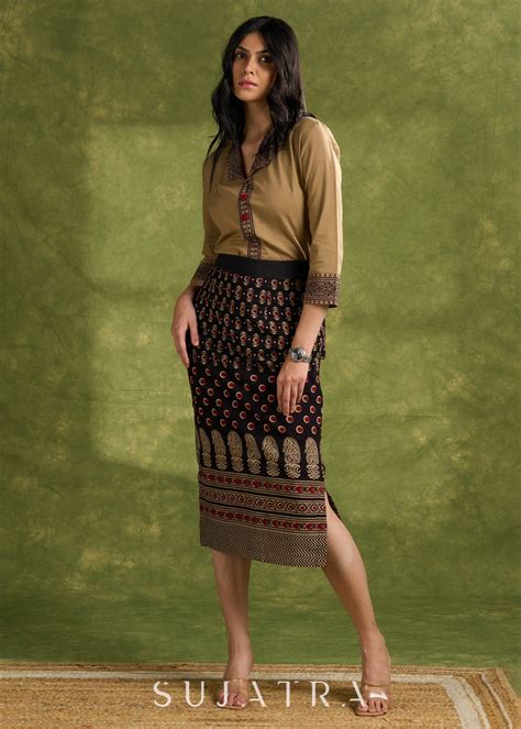 Dark Beige Cotton Ajrakh Combination Top - Skirt Optional – Sujatra