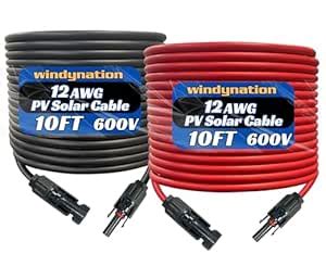 WindyNation 12 Gauge 12 AWG One Pair 10 Feet Black + 10 Feet Red Solar ...
