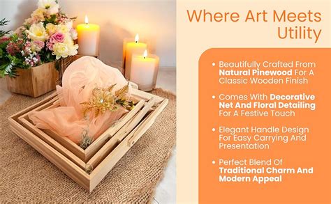 Vayu Art & Crafts Set of 3 Square Pinewood Hamper Gift Handle Basket ...