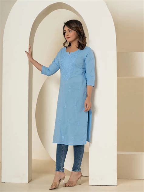 Women Sky Blue Chikankari Straight Kurta – Yufta Store
