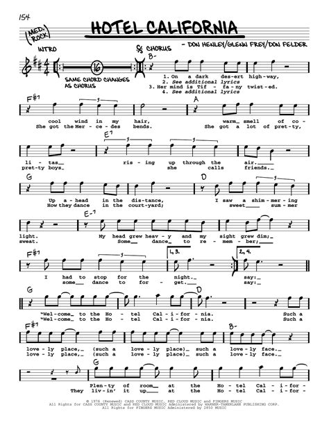 Hotel California by Eagles Sheet Music for Real Book – Melody, Lyrics ...