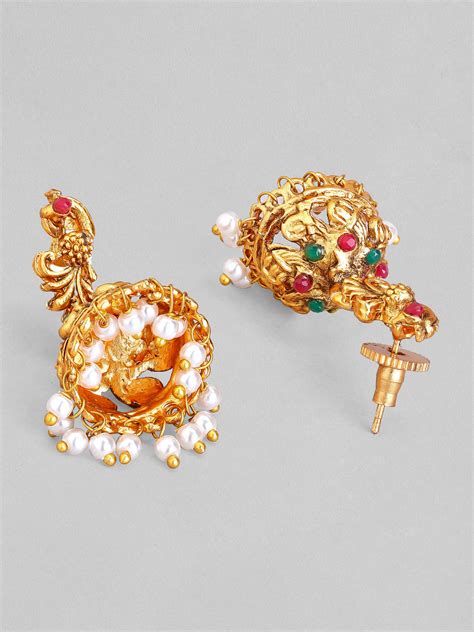 Rubans 22K Gold-Plated Ruby Red & Emerald Green Stone Studded Brass Ne