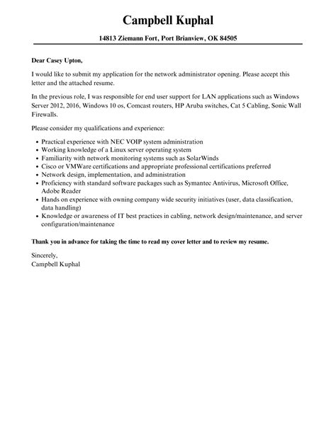 Network Administrator Cover Letter | Velvet Jobs
