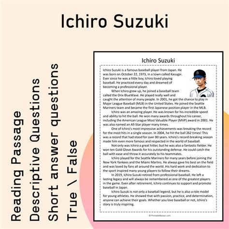 Ichiro Suzuki | Reading Comprehension Passage Printable Activity ...