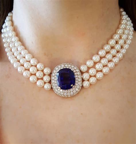 Mikimoto Tanzanite, Diamond and Pearl Choker Necklace in 18 Karat White ...