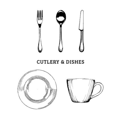 Croquis de couverts et vaisselle. Illustration vectorielle dessinés à ...