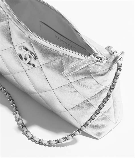 Hobo handbag, Metallic calfskin & silver-tone metal, silvery — Fashion ...