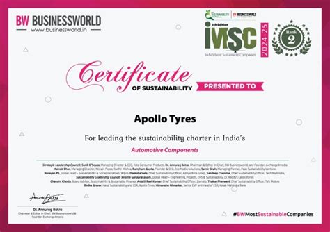 Apollo Tyres Secures Dual Recognition In BW Businessworld India’s Top ...