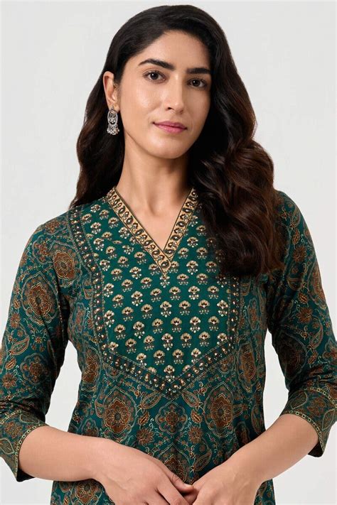 Buy Green Printed Straight Cotton Kurta for Women | Pure Cotton Kurta ...