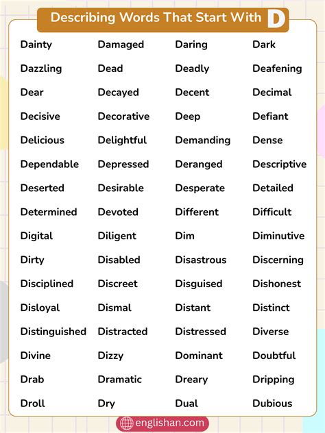 List of 136 Describing Words That Start With D for Students