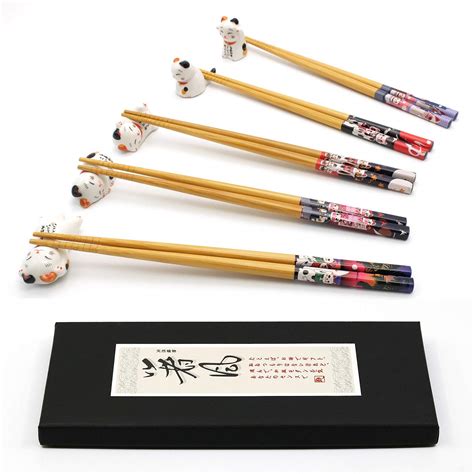Buy 5 Pairs Chopsticks and Chopstick Rest Set, Cute Lucky Cat ...