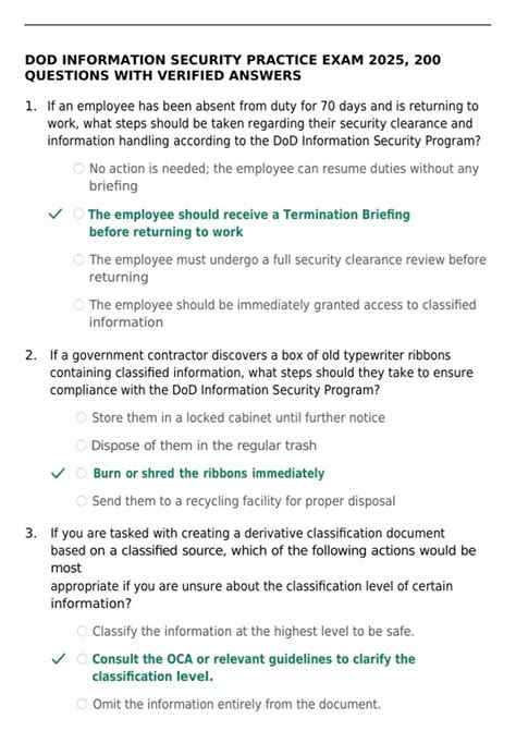 DOD INFORMATION SECURITY PRACTICE EXAM 2025, 200 QUESTIONS WITH ...