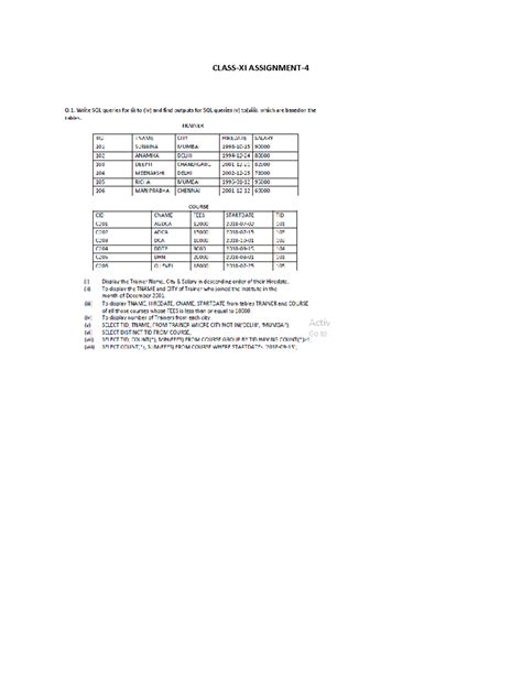 Sql asgn(23-11) - Aak - Q. Write SQL queries for (i) to (iv) and find ...