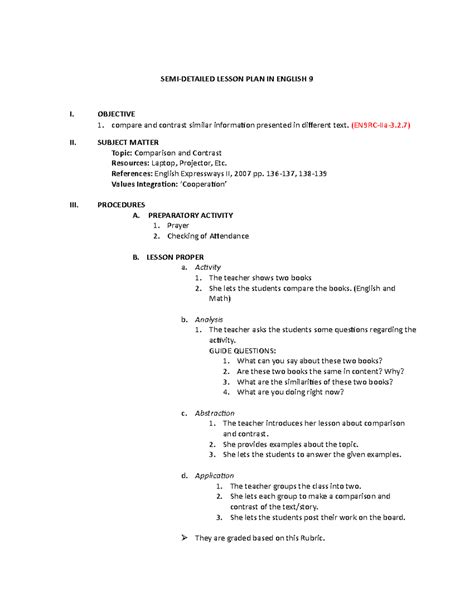Semi-Detailed Lesson Plan in English Comparison and Contrast - SEMI ...