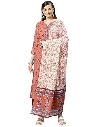 Buy INDO ERA Women's Cotton Blend Straight Kurta Palazzo With Dupatta ...
