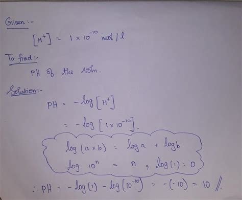An aqueous solution has hydrogen ion concentration = 1.0 × 10^-10 mol ...