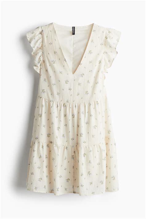 Women's Cream/Floral Flutter-sleeved A-line dress | H&M IN