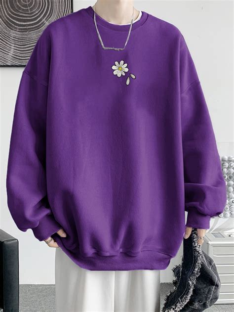 Men Floral Embroidery Drop Shoulder Pullover in 2024 | Purple sweater ...