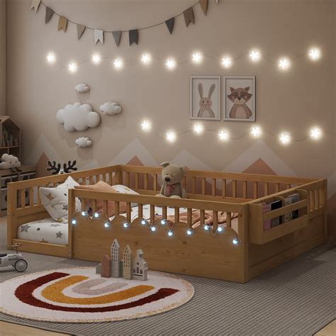 Duxelifin Full Montessori Floor Bed with High Rails and Storage Shelf ...