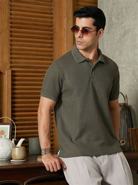 ₹849 | Campus Sutra Men's Chalk White & Sage Green Contrast Ribbed Polo ...