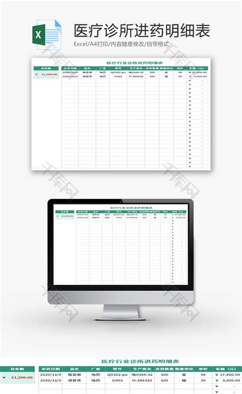 医疗行业诊所进药明细表Excel模板_千库网(excelID：133613)