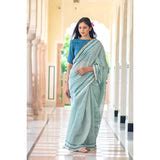 Cadet Blue Chanderi Sari In Lotus Print
