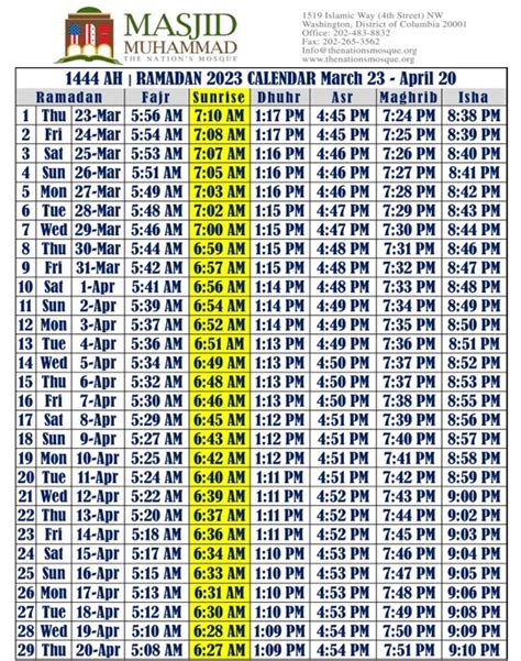Ramadan Calendar - Thenationsmosque.com