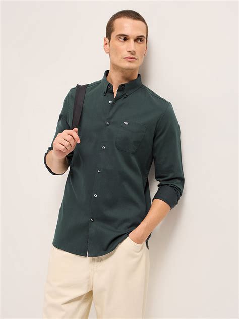 Shop Teal Green Solid Cotton Slim Fit Casual Shirt Online. – bearhouseindia