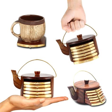 natureCRAFTS Wooden Kettle Shape Coasters for Kitchen and Dining Table ...