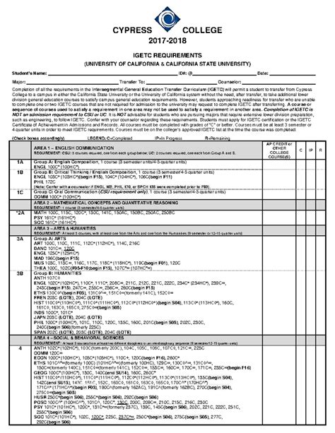Updated Igetcsheet New Format 17 18 7 31 17JR - CYPRESS COLLEGE 2017- IGETC REQUIREMENTS ...