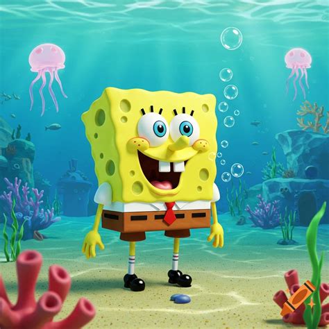 A 3D render of a smiling SpongeBob SquarePants standing on the ocean ...