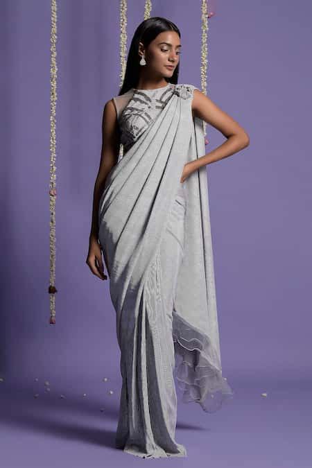 Buy Grey Viscose Round Pre-draped Saree With Halter Neck Blouse For ...