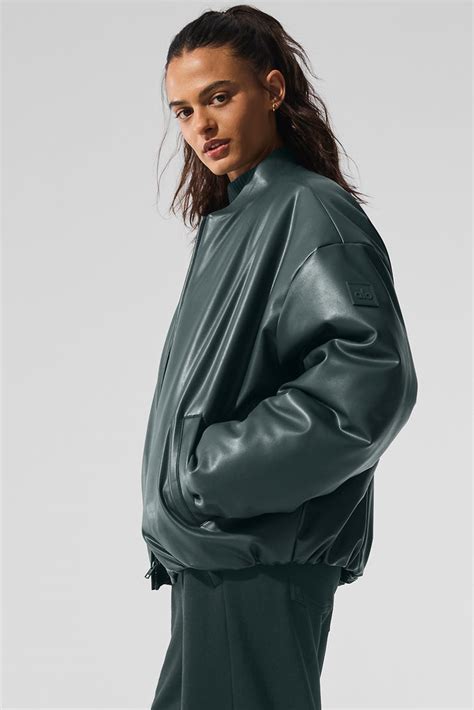 Faux Leather Premier Bomber - Charcoal Green | ALO