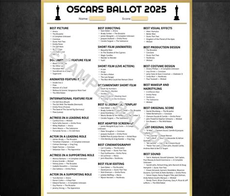 2025 Oscars Ballot: Printable Predictions Game for the 97th Academy ...