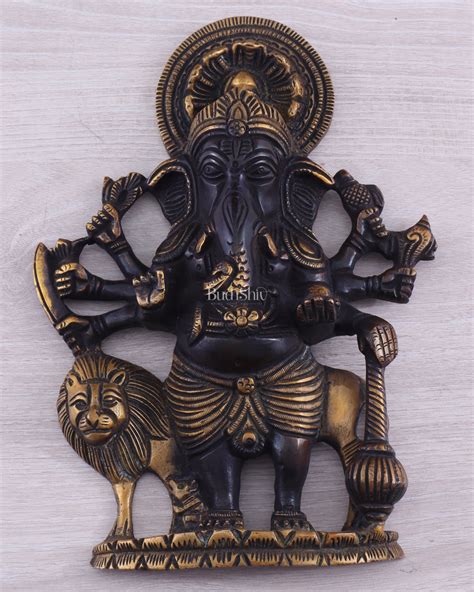 Buy Pure Brass Standing Drishti Ganesha with Lion Wall Hanging 9" black ...