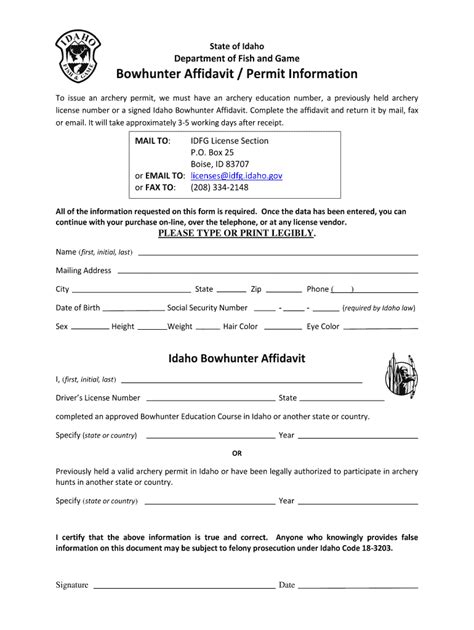 ID Bowhunter AffidavitPermit Information - Blank Fillable Template ...